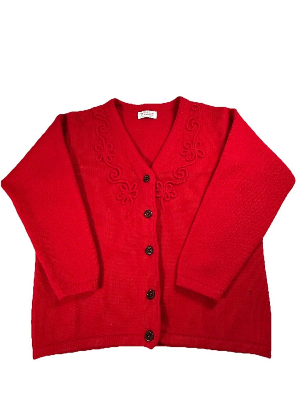 United Colors of Benetton Vintage Cardigan Women M Red Wool 3D Floral Grannycore